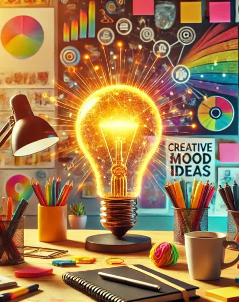 DALL·E 2024-12-04 13.50.24 - A colorful and energetic workspace designed for generating creative ideas. The scene features a desk with a glowing light bulb sculpture as a centerpi DALL·E 2024-12-04 13.50.24 - A colorful and energetic workspace designed for generating creative ideas. The scene features a desk with a glowing light bulb sculpture as a centerpi