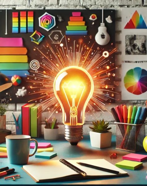 DALL·E 2024-12-04 13.50.25 - A colorful and energetic workspace designed for generating creative ideas. The scene features a desk with a glowing light bulb sculpture as a centerpi DALL·E 2024-12-04 13.50.25 - A colorful and energetic workspace designed for generating creative ideas. The scene features a desk with a glowing light bulb sculpture as a centerpi