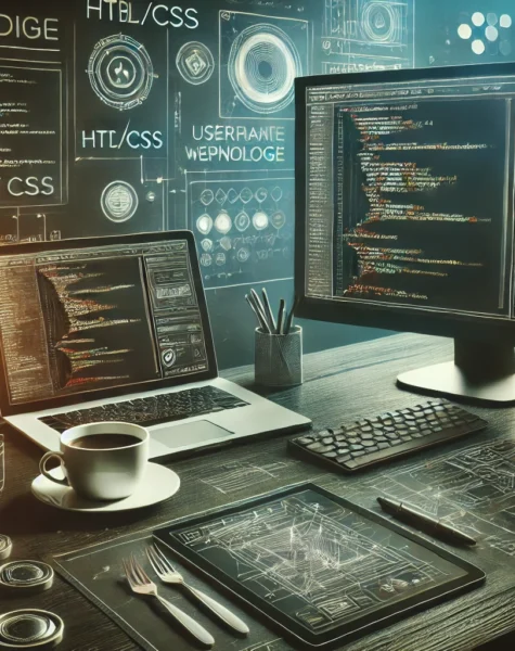 DALL·E 2024-12-04 14.12.08 - A sleek and professional web development workspace featuring a dual-monitor setup with one screen displaying HTML_CSS code and the other showing a mod DALL·E 2024-12-04 14.12.08 - A sleek and professional web development workspace featuring a dual-monitor setup with one screen displaying HTML_CSS code and the other showing a mod