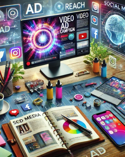 DALL·E 2024-12-04 14.26.24 - A vibrant and modern setup for media promotion services, featuring a digital screen showcasing a video ad campaign and a smartphone with social media DALL·E 2024-12-04 14.26.24 - A vibrant and modern setup for media promotion services, featuring a digital screen showcasing a video ad campaign and a smartphone with social media
