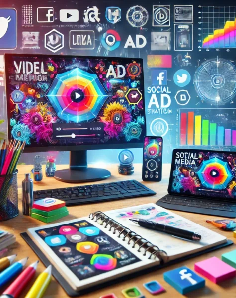 DALL·E 2024-12-04 14.26.25 - A vibrant and modern setup for media promotion services, featuring a digital screen showcasing a video ad campaign and a smartphone with social media DALL·E 2024-12-04 14.26.25 - A vibrant and modern setup for media promotion services, featuring a digital screen showcasing a video ad campaign and a smartphone with social media